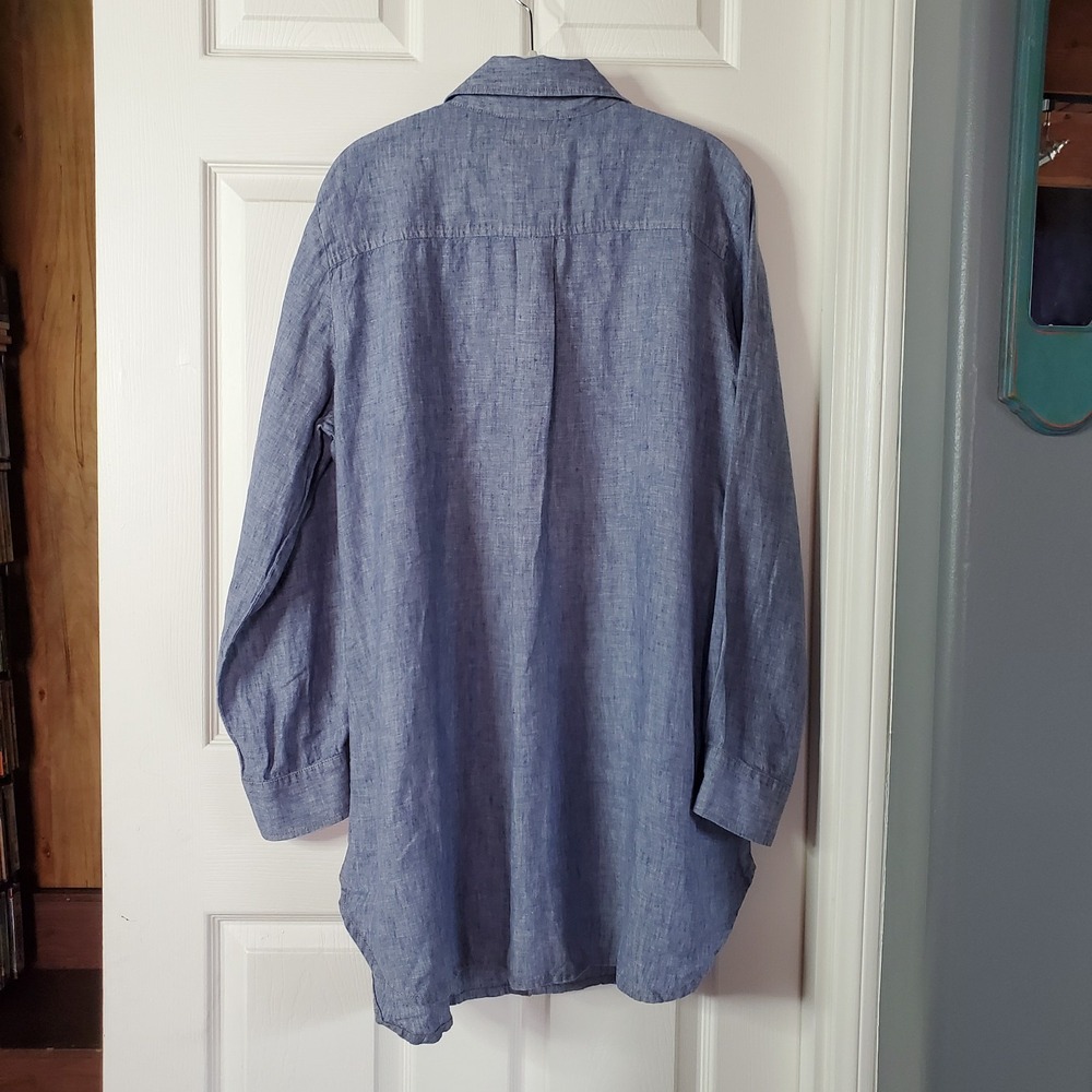 Flax Blue Linen Button Down Tunic Shirt Breathable Long Sleeves Chambray Medium - Picture 4 of 10